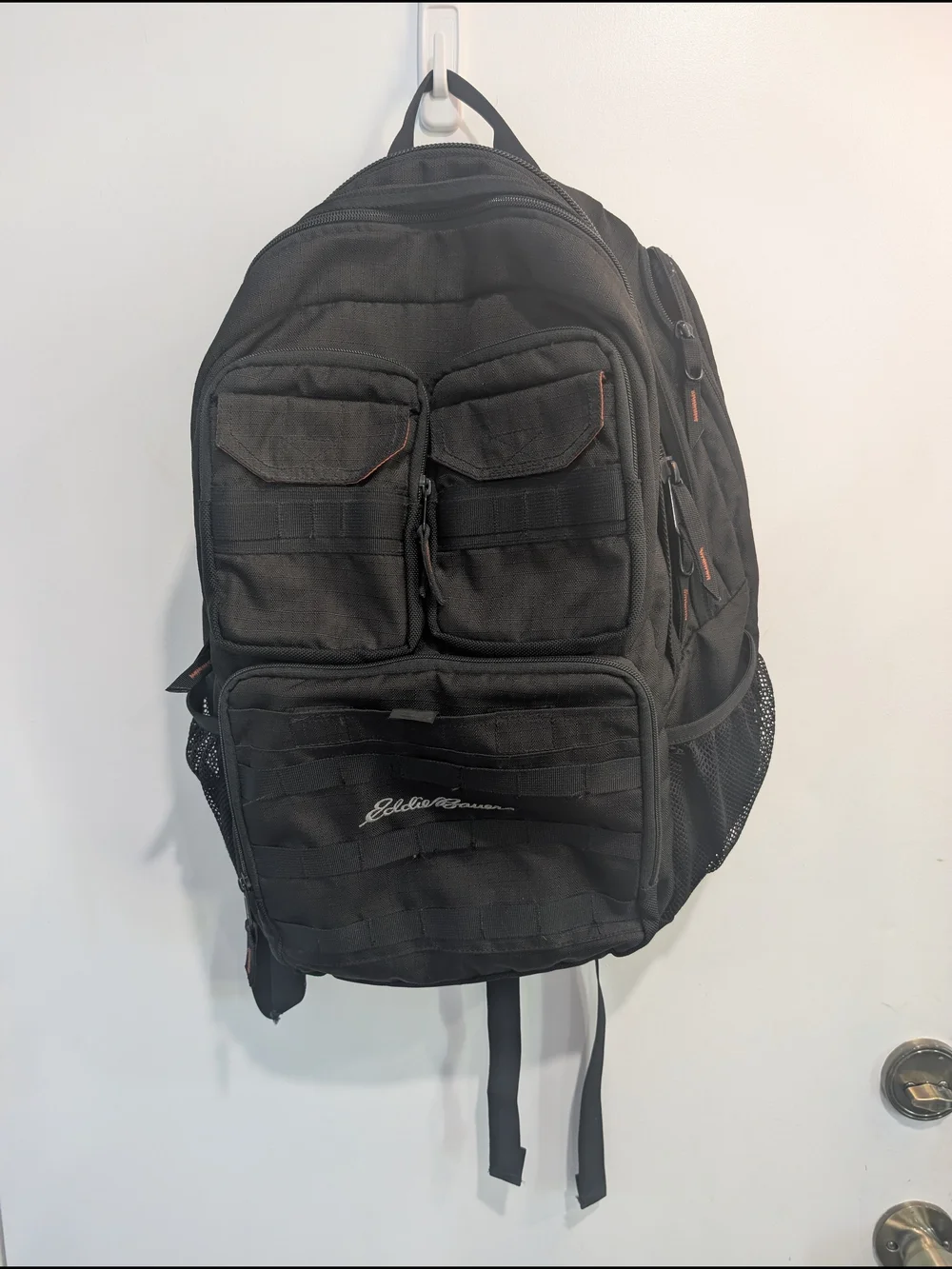 Eddie Bauer Cargo Tactical Backpack Black W/ Orange Accents Pockets 30L